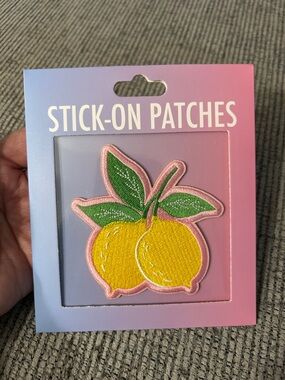 LemonStick-On Patch NEW yellow lemons with green leaves and Pink Border
